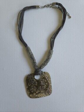 Vintage Boho Mixed Media Statement Necklace Square Floral Pendant